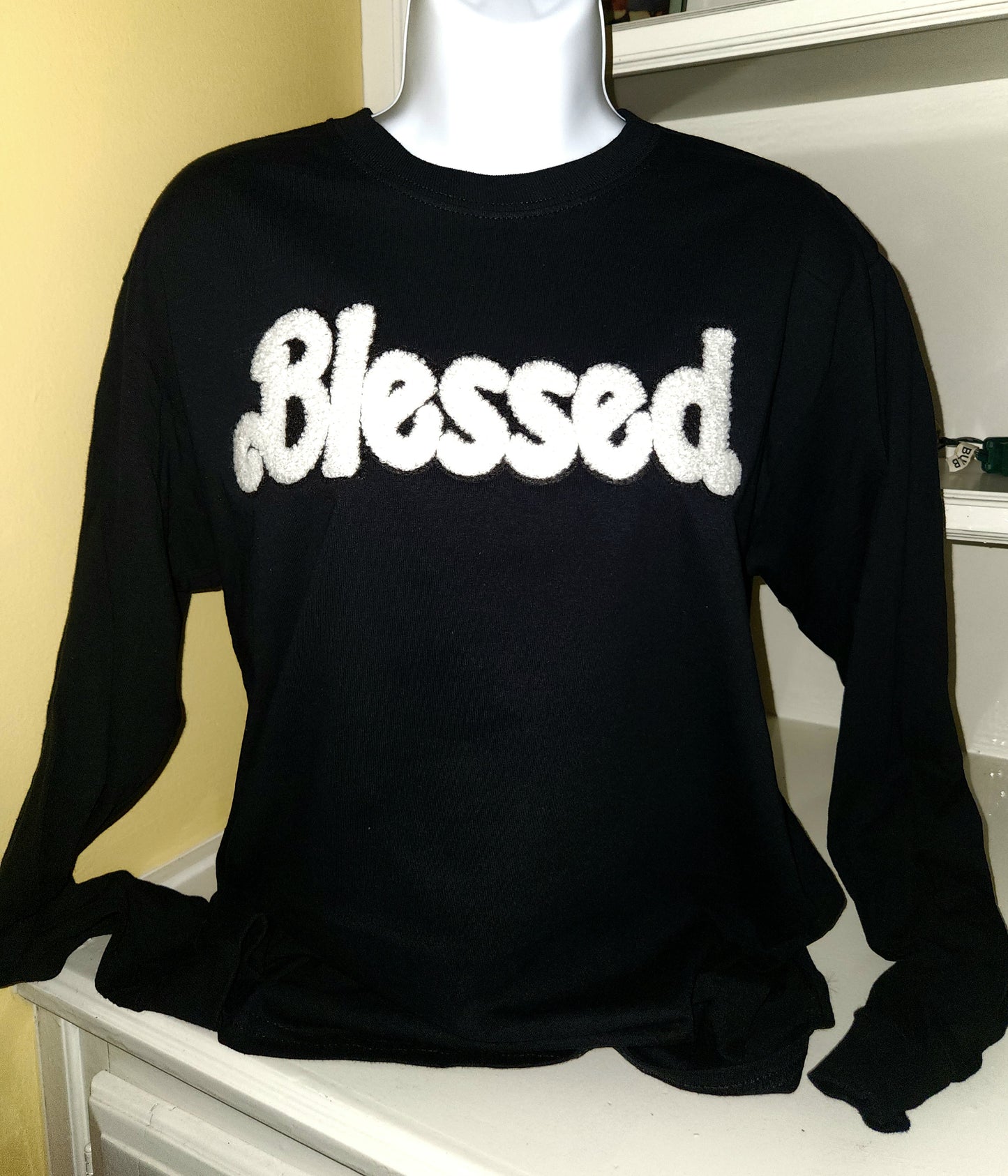 Black Long Sleeve Tee with White Blessed Chenille Patch